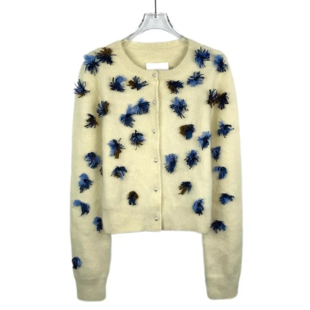Maison Margiela Womens Cream Angora Blend Cardigan With Blue & Brown Embellished - Picture 1 of 9